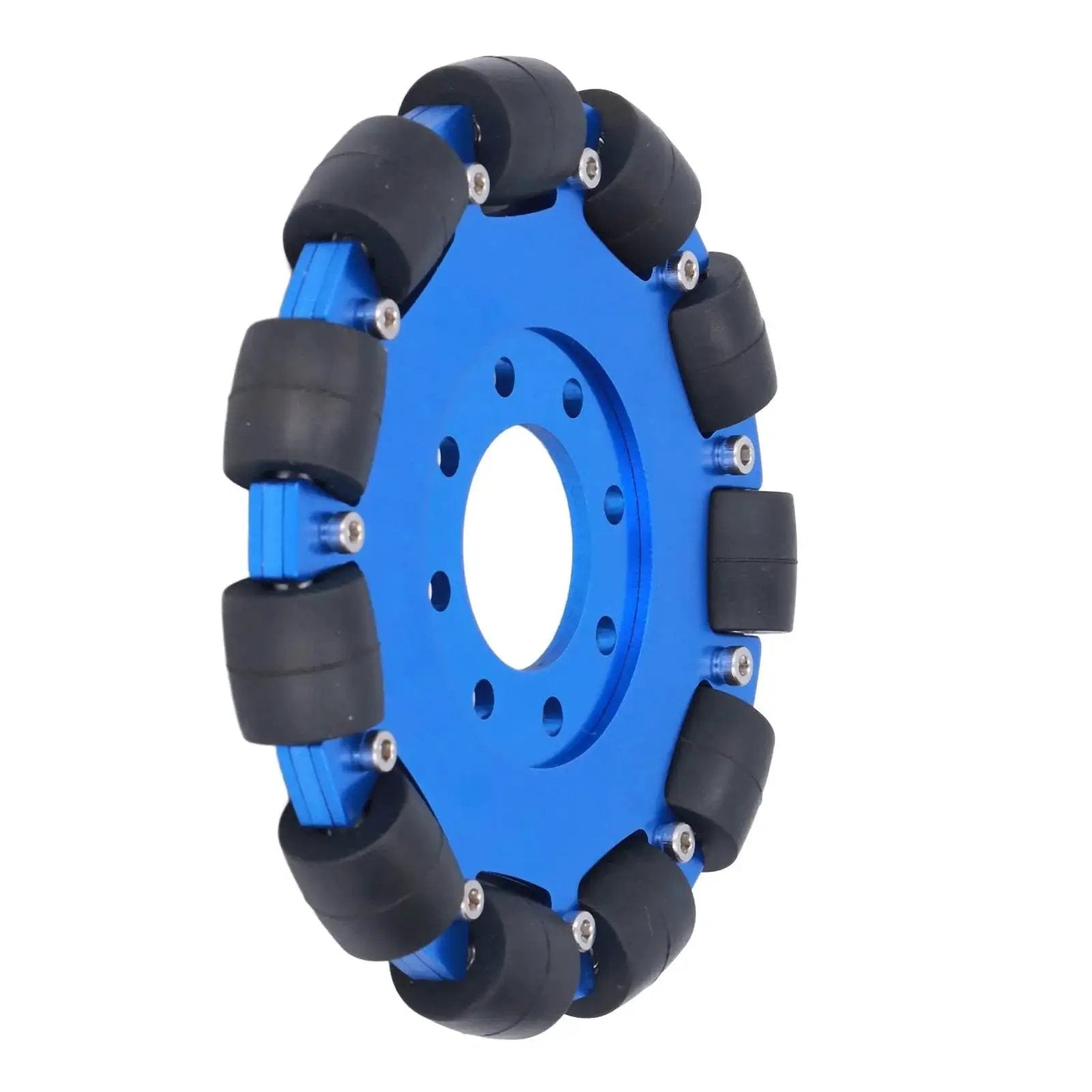 Five Inch Omnidirectional Aluminum Alloy Hub Wheel For Robot DIY Single Wheel M5604 0014 0127 featuring silicone rollers and blue finish