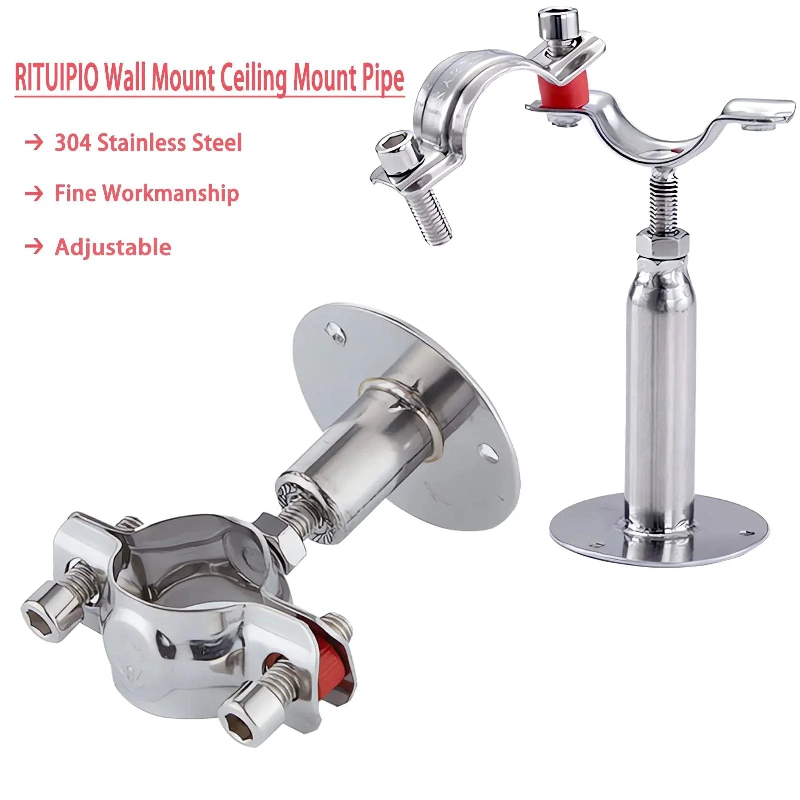 2 Pack Wall and Ceiling Pipe Mount Clamps 304 Stainless Steel Rubber Cushioned and Rust Resistant Waterproof and Oil Proof Adjustable Height 30 to 60mm Fits 15 to 19mm OD Pipes Heavy Duty Pipe Supports for Home and Workshop