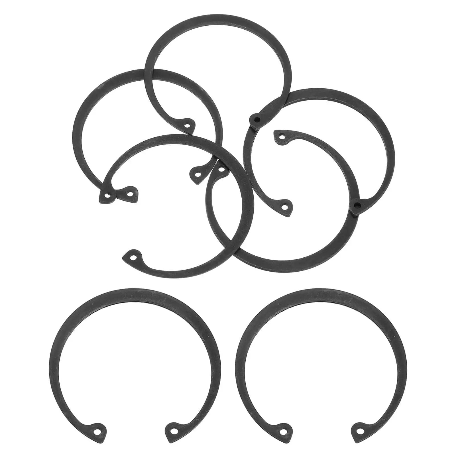 Five Pack Internal Retaining Ring Circlips for Grooved Shafts and Studs, 2.2 Inch Bore, 65Mn Spring Steel with Black Finish, arranged in a set.