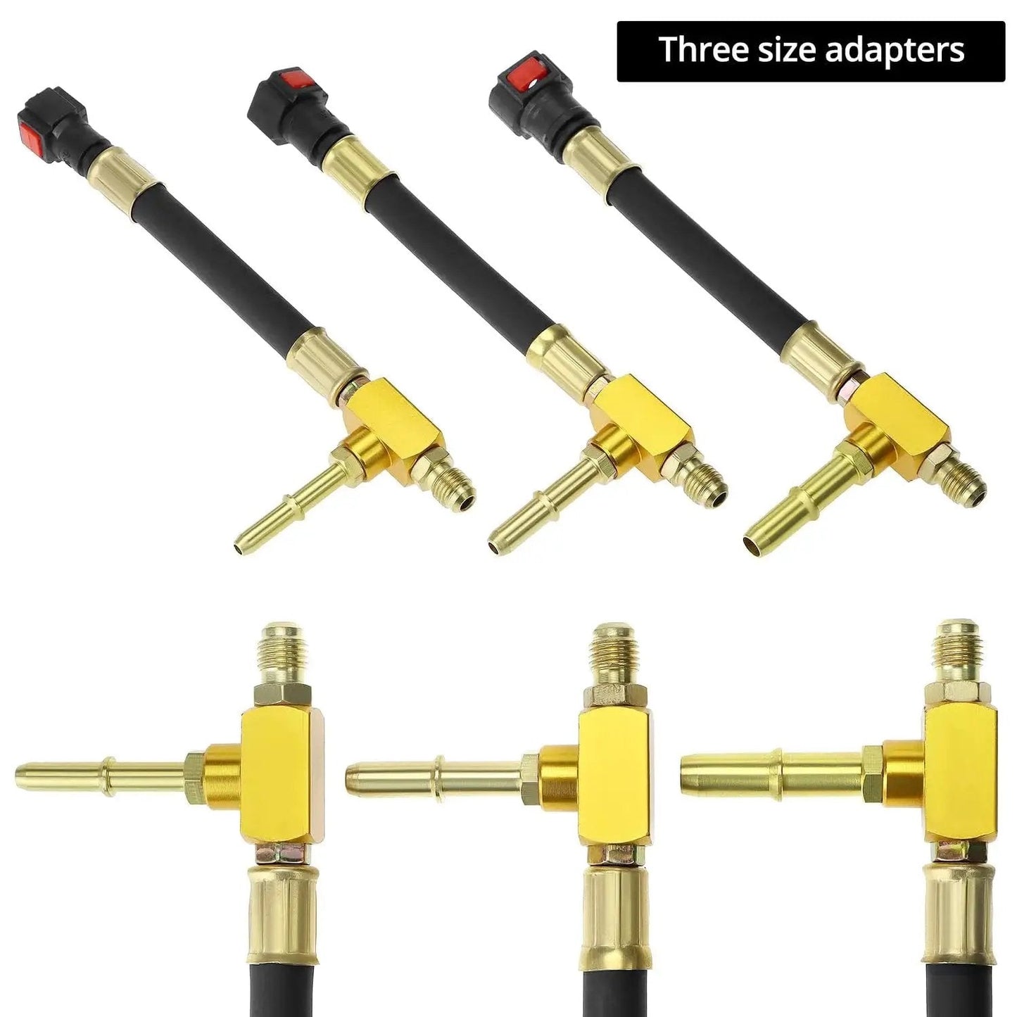 Universal Fuel Pressure Test Kit With Dual Gauge 0 To 7 Bar 0 To 100 PSI showing three brass size adapters and hoses.