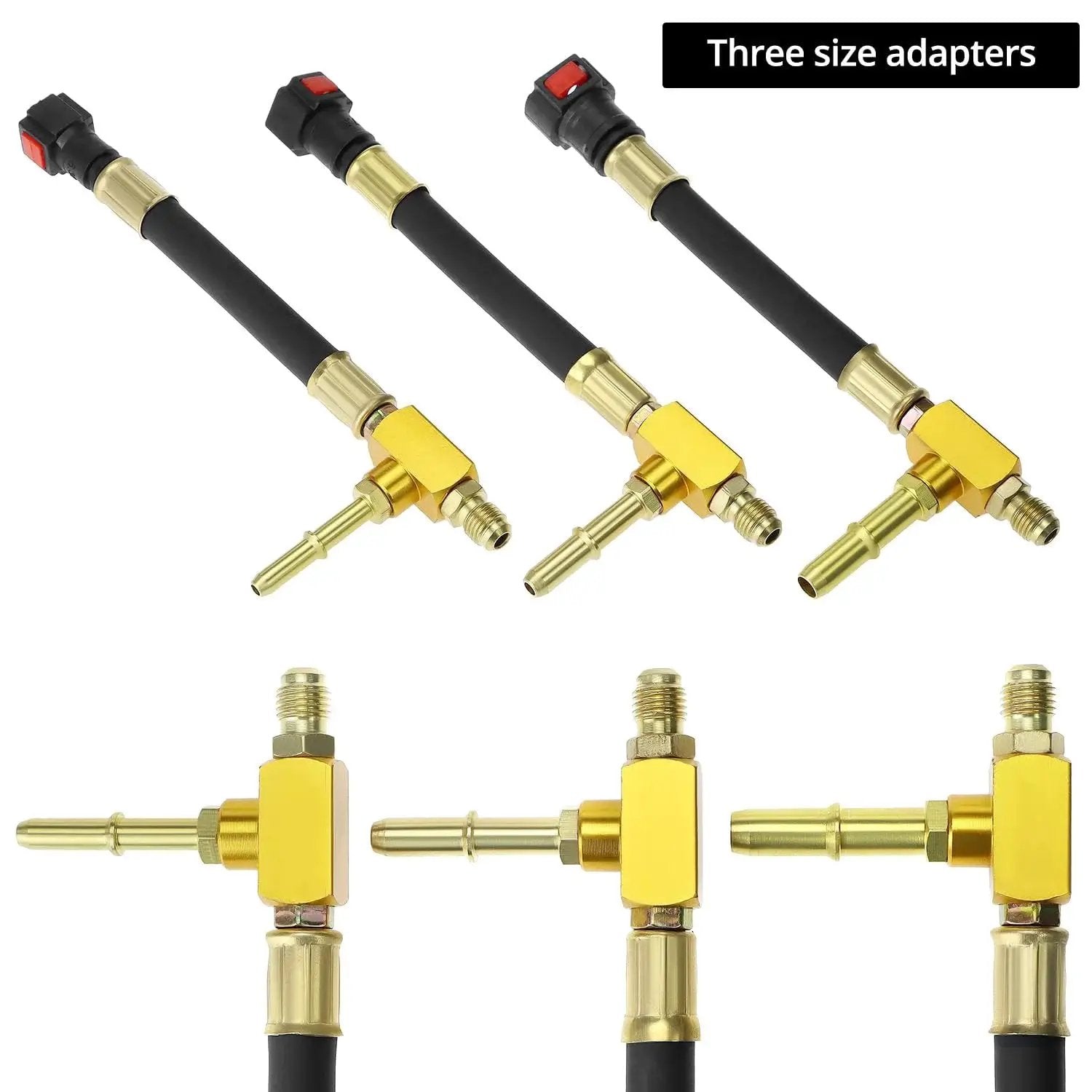 Universal Fuel Pressure Test Kit With Dual Gauge 0 To 7 Bar 0 To 100 PSI showing three brass size adapters and hoses.