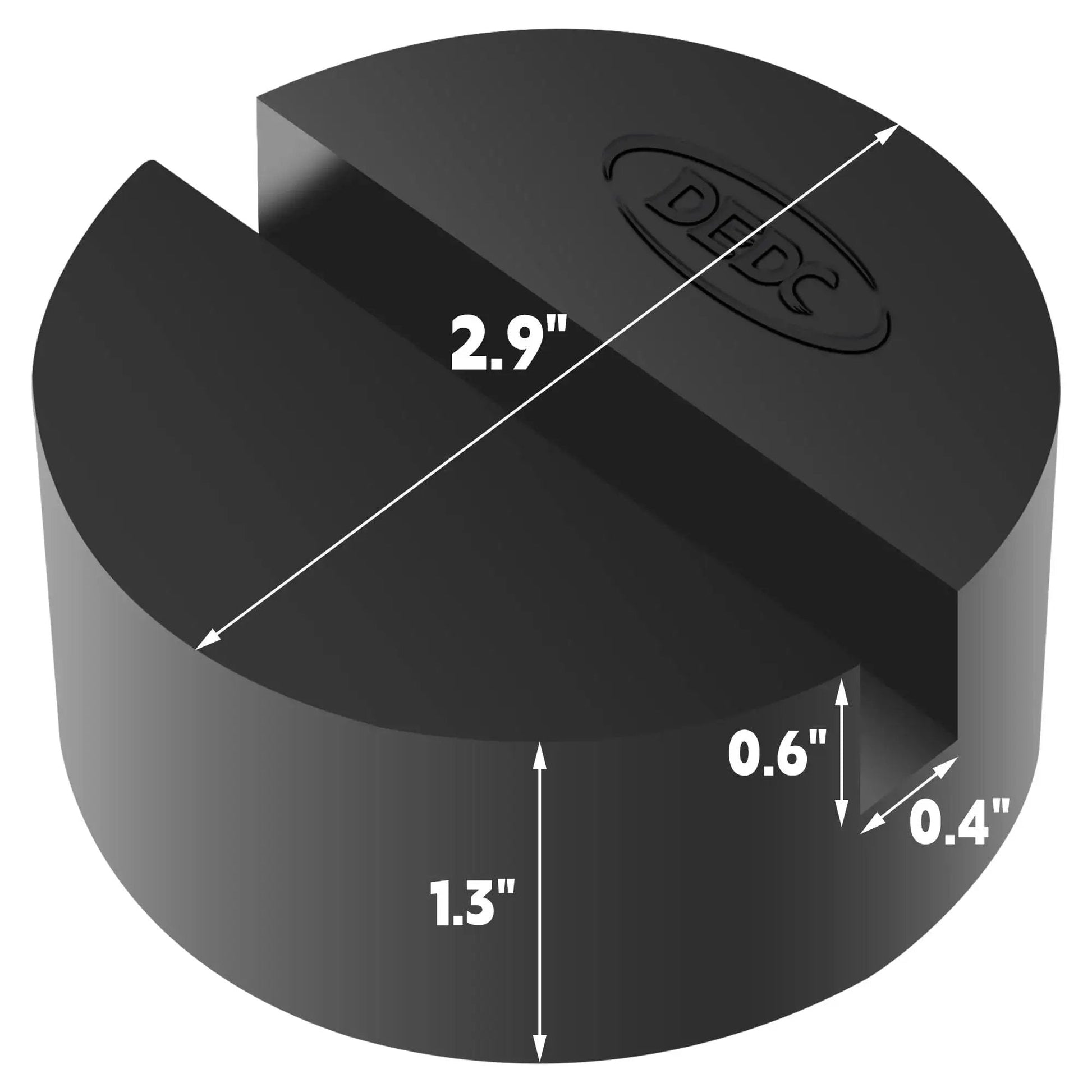 Universal Pinch Weld Jack Pad Adapter For Side Frame Rail Protector 2 Pack, showing 2.9-inch diameter and groove dimensions.