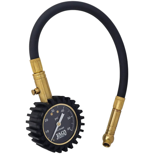 Rugged Brass Tire Pressure Gauge ElitePro 60 PSI with flexible hose and solid brass build for accurate tire checks.