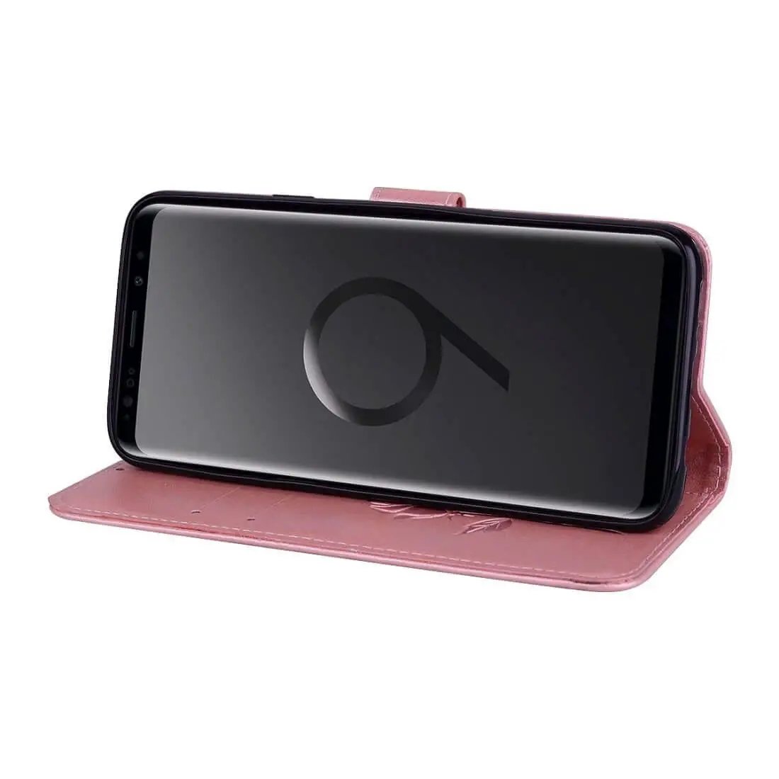 Smartphone in pink leather flip cover, standing horizontally, showing front view with screen facing forward.