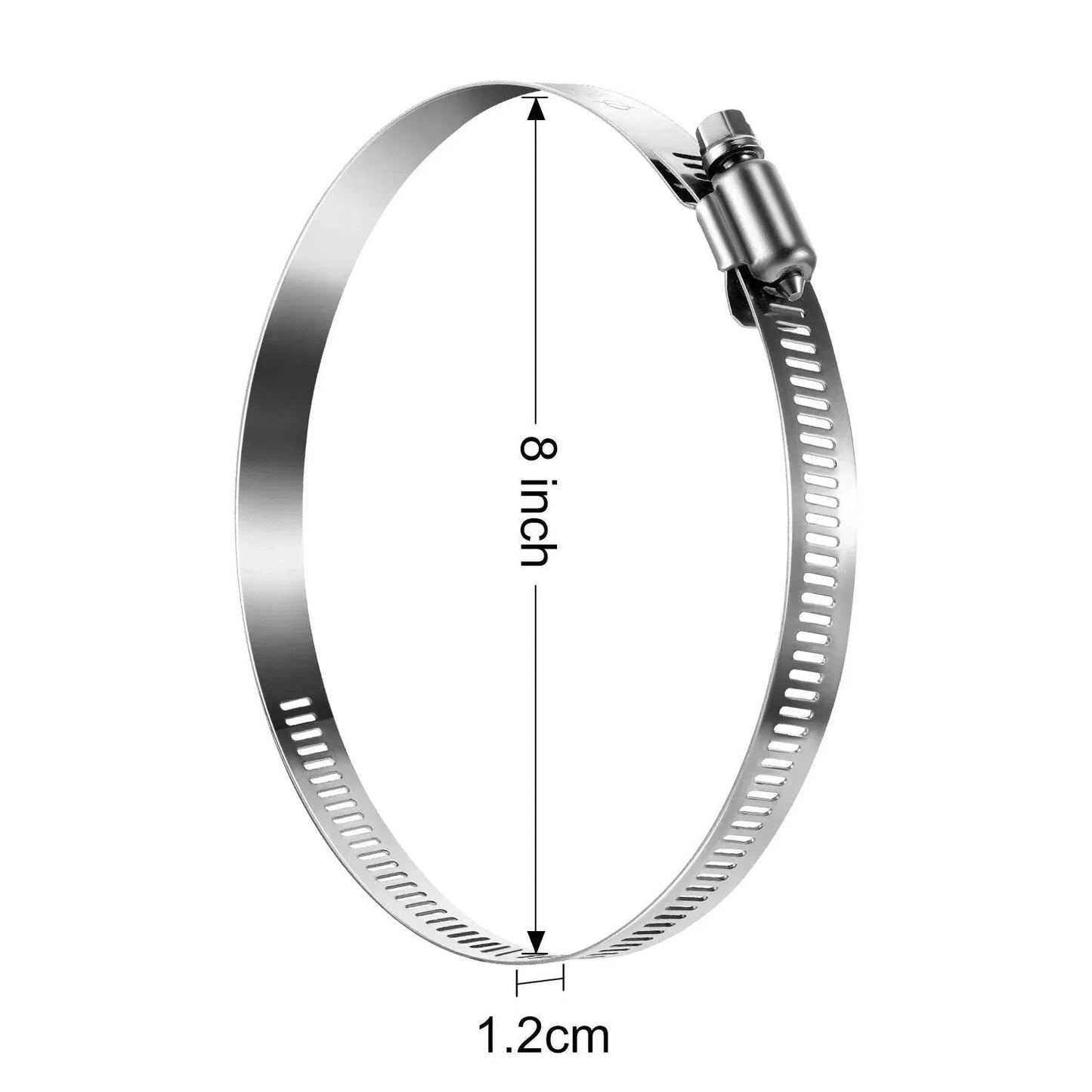 4 Piece 8 Inch Adjustable 304 Stainless Steel Duct Hose Clamps Worm Gear Clamps For Pipe Intercooler Plumbing Tube And Fuel Line Leak Proof Corrosion Resistant Long Lasting Durable shown in single clamp view