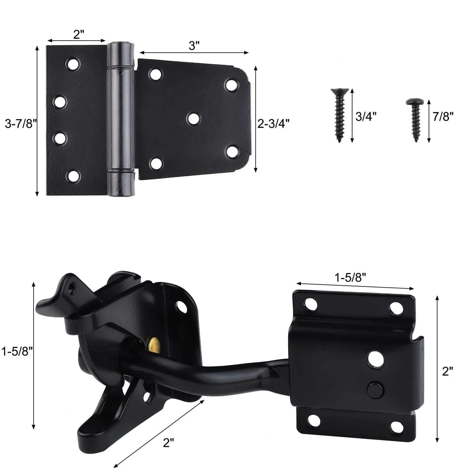 Self Closing Gate Hardware Kit With Self Locking Gate Latch And Two Pack 3.5 Inch Heavy Duty Adjustable Spring Hinges In Black