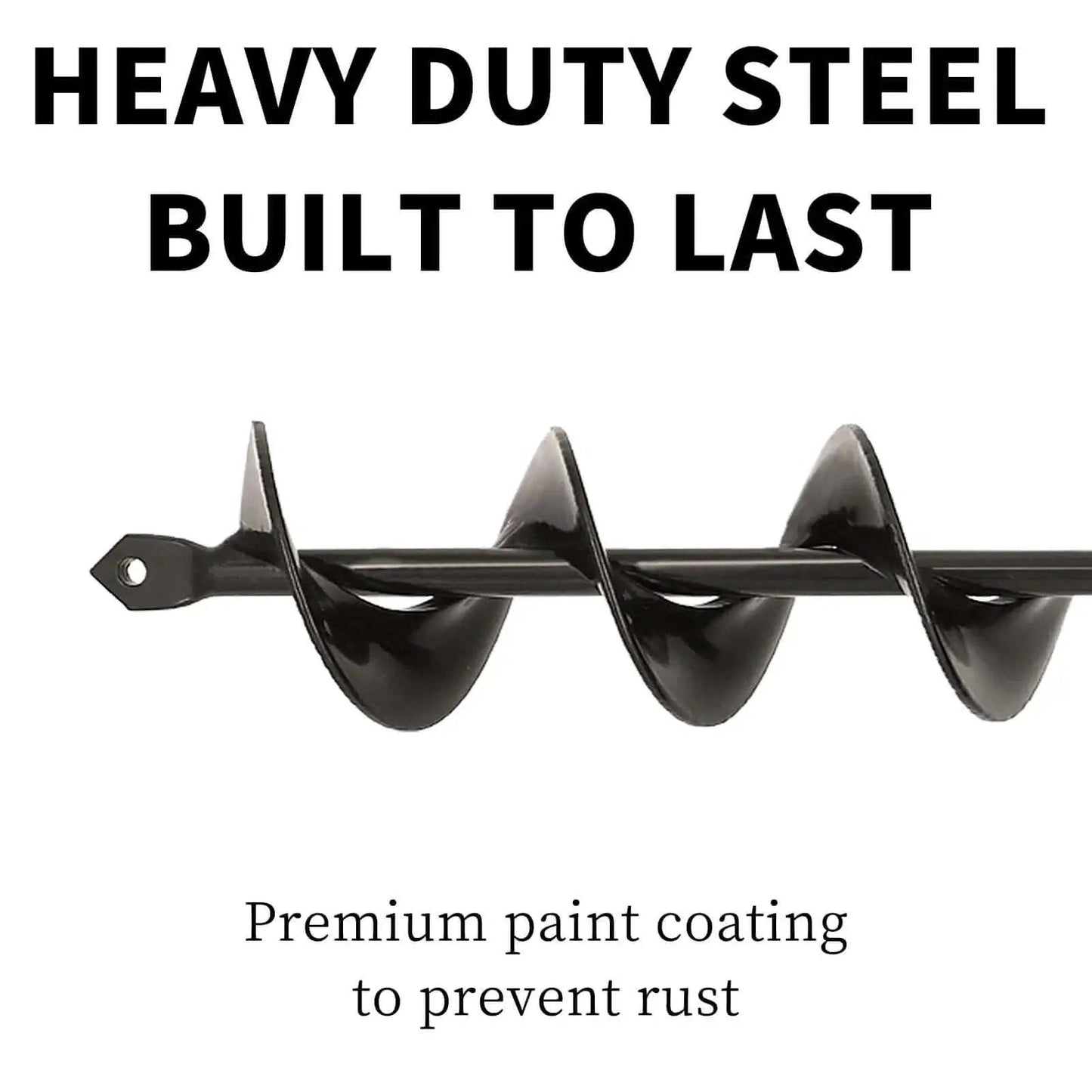 Extended Length Garden Auger Drill Bit 1.6 by 16.5 Inch For Planting Bulbs And Flowers Post Hole Digger For Three Eighths Inch Hex Drill Heavy Duty Spiral Bit For Faster Planting And Less Backbreaking Work TCBWFY with black steel coating shown close up