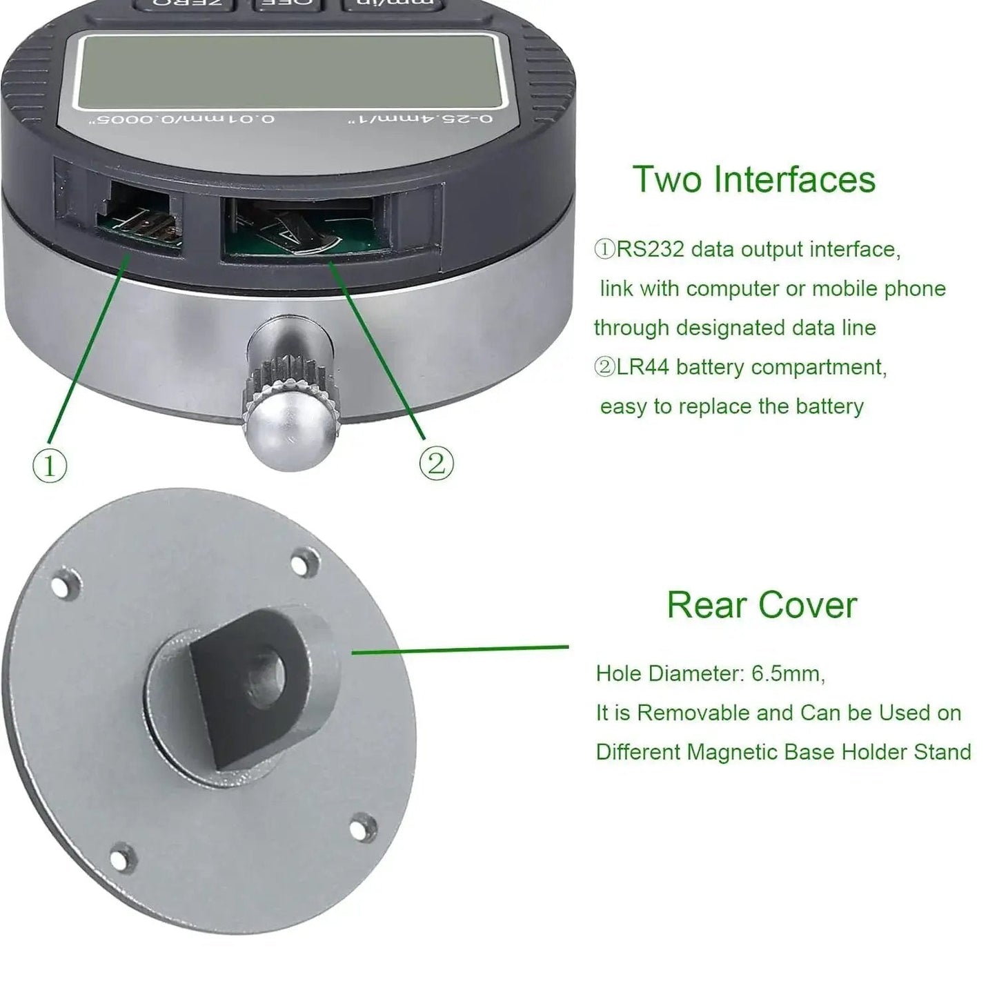 Pro Grade Digital Disc And Rotor Gauge From HDLNKAK with close-up of RS232 interface and LR44 battery compartment, rear cover visible.