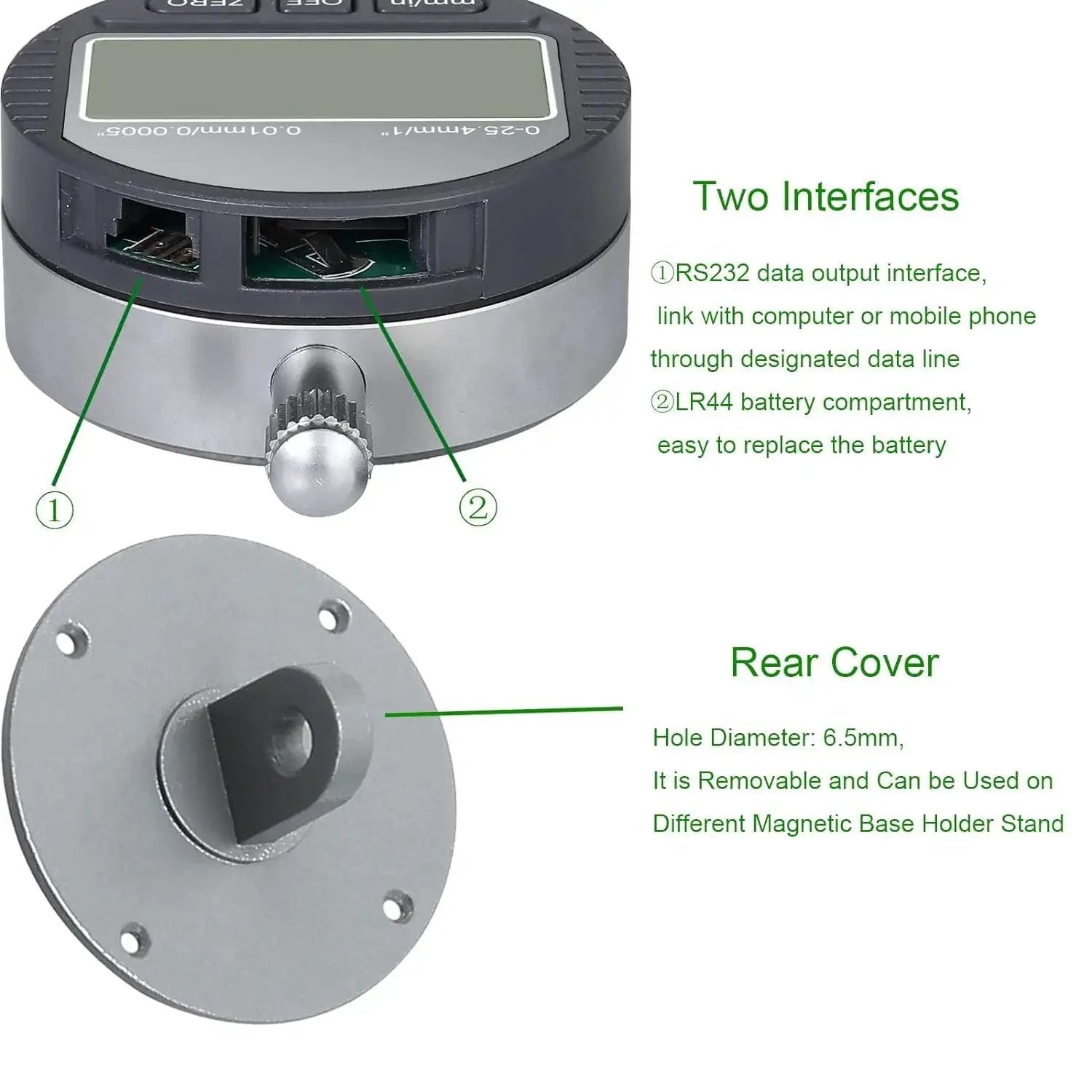 Pro Grade Digital Disc And Rotor Gauge From HDLNKAK with close-up of RS232 interface and LR44 battery compartment, rear cover visible.