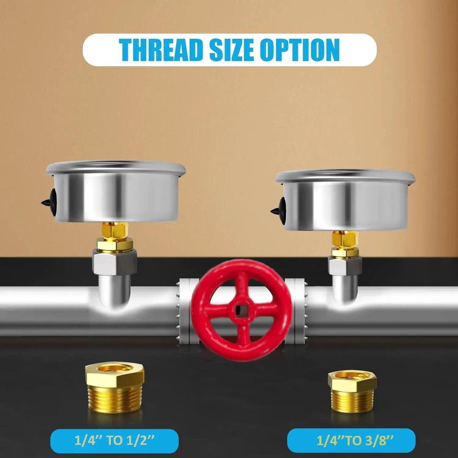 Zero To 100 PSI Liquid Filled Pressure Gauge With A 2.5 Inch Dial And Stainless Steel Back Mount for Water Oil and Gas Media, thread size options shown with brass reducers.