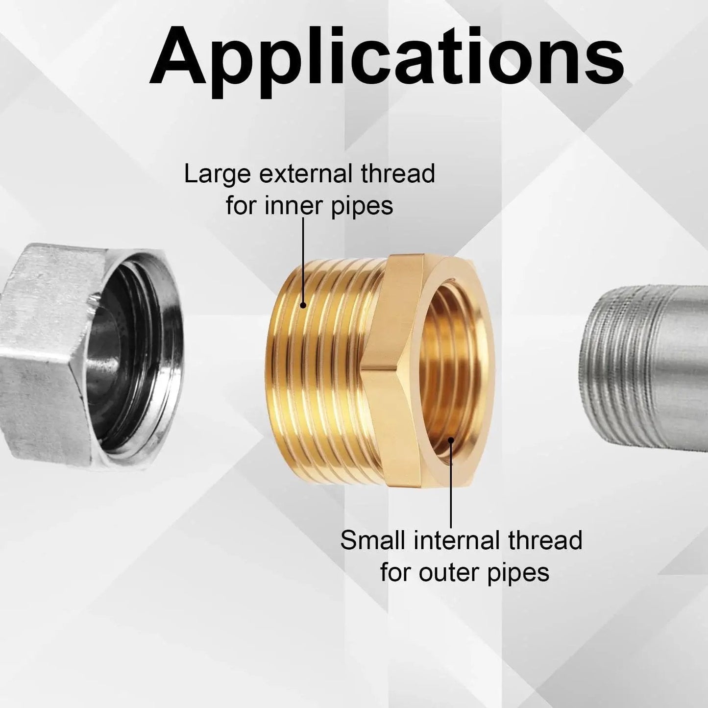 Brass Reducer Hex Bushing Set 3 4 NPT Male To 1 2 NPT Female with threading details for plumbing and HVAC applications