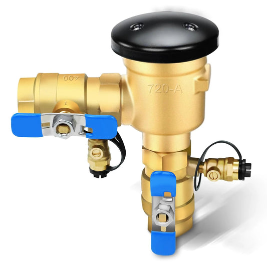 Front view of Upgraded 1 Inch 720A Pressure Vacuum Breaker Assembly with metal top cover thickened brass backflow preventer for irrigation system.