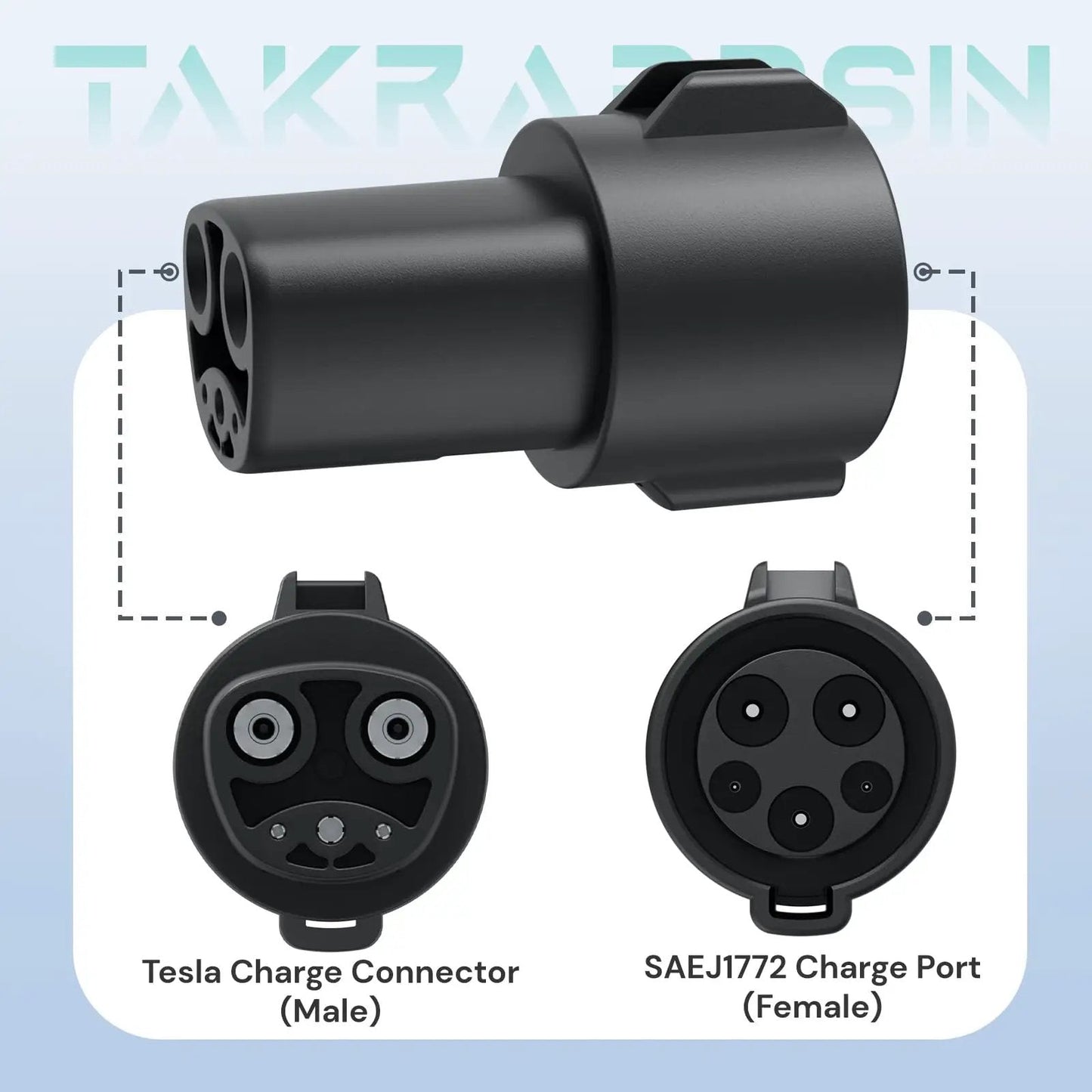 J1772 To Tesla Charger Adapter For Model 3 Y X S Cybertruck, SAE J1772 To NACS EV Adapter showing Tesla connector and SAE J1772 charge port.