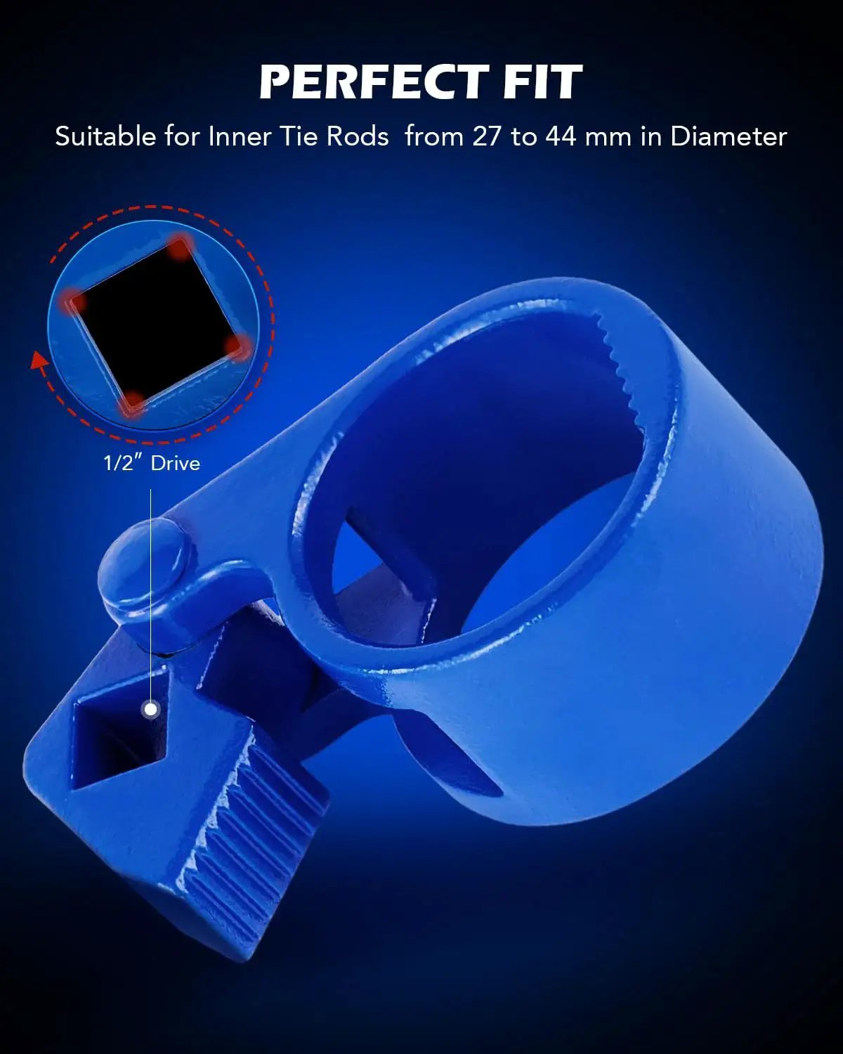 Inner Tie Rod Removal Tool Eighth Inch Square Drive Fits 27 To 44 Mm Ends, blue tool with square drive socket