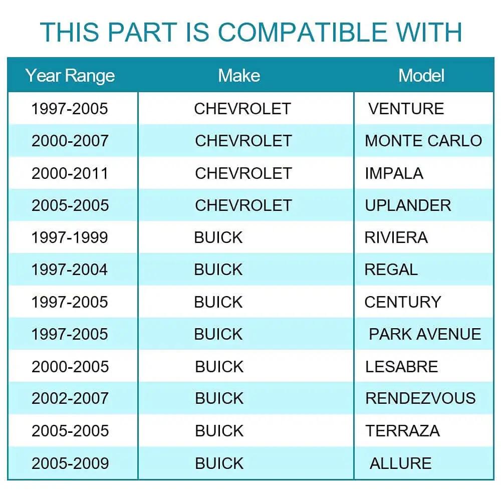 Compatibility chart for various Chevrolet and Buick models from 1997 to 2011
