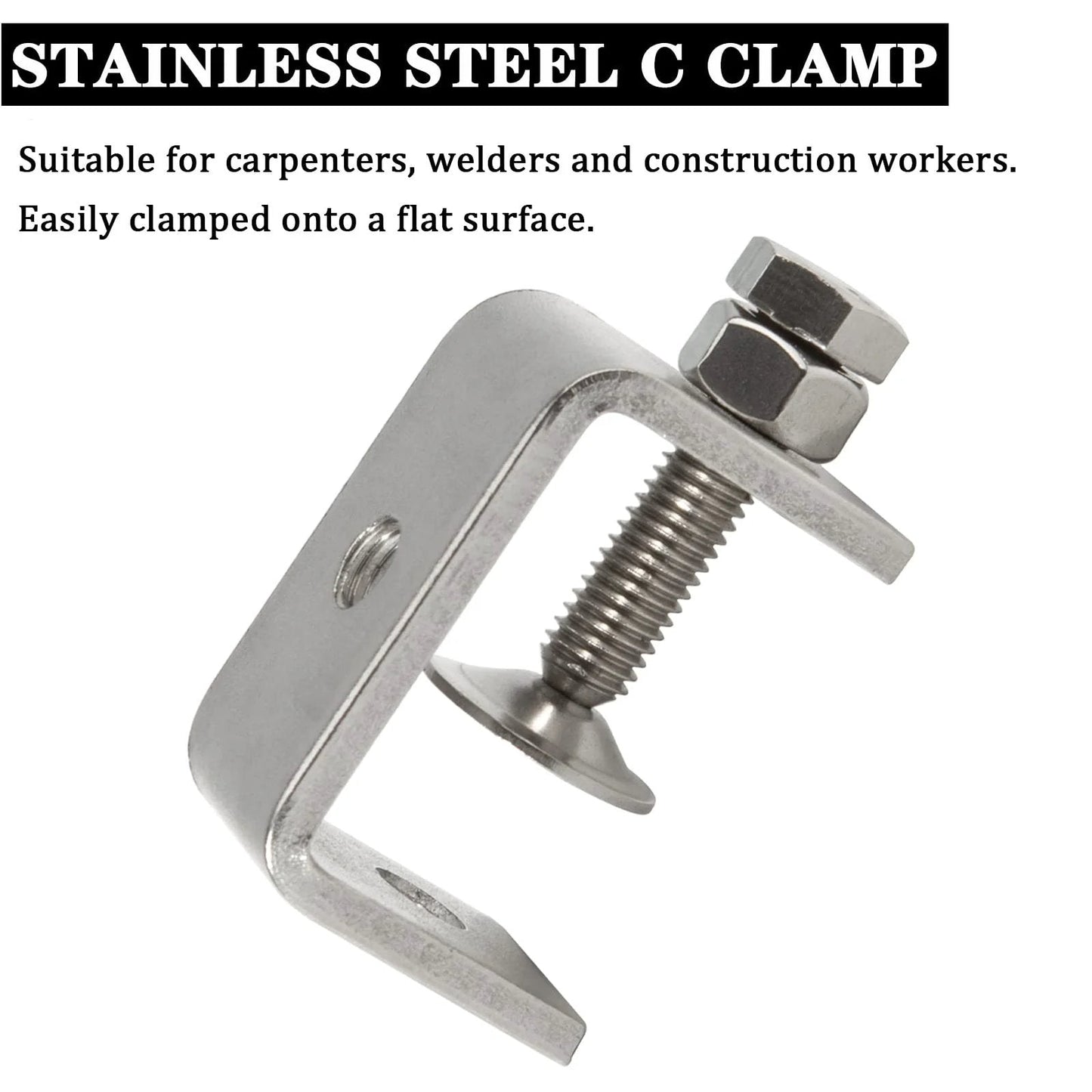 Heavy Duty 2 Pack Stainless Steel C Clamp G Clamp With Wide Jaw Openings For Woodworking Welding Auto Repair And Home Improvement Tools Pro Grade 304 Stainless Tiger Clamp Set For Secure Fastening, showing side view of silver clamp on white background