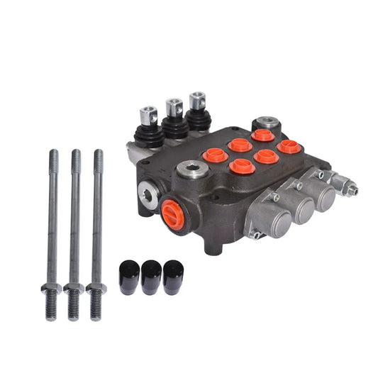 Three Spool Hydraulic Directional Control Valve For Loaders And Tractors With 21 GPM Flow And 3625 PSI Rating SAE Ports Double Acting Design Built Tough For Small Tractors And Log Splitters Waltyotur, close-up with bolts and caps