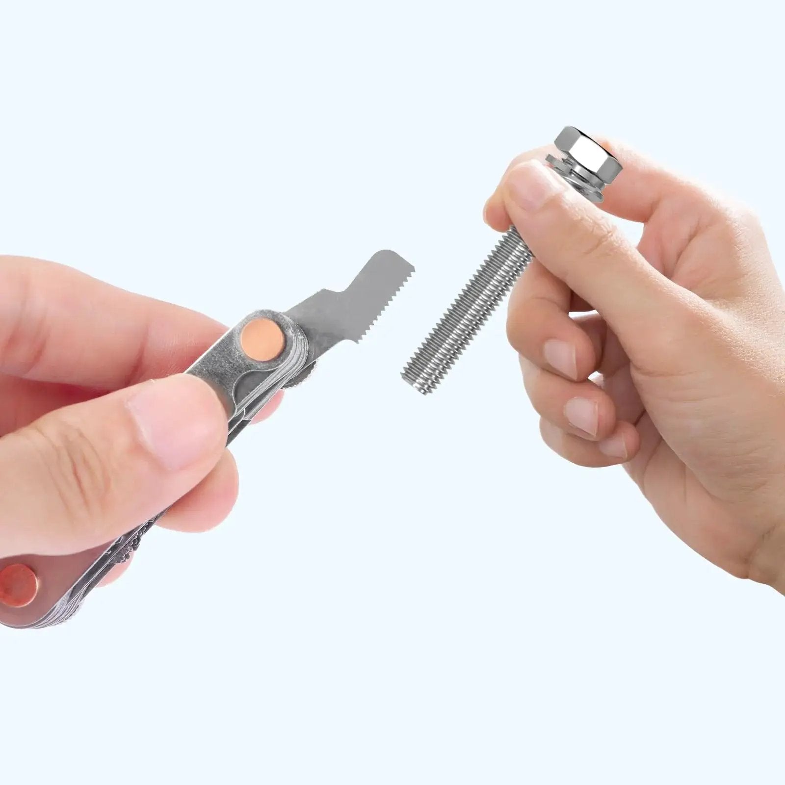 All In One 3 In 1 Thread Gauge Pro For Metric 60 Degree Whitworth 55 Degree And SAE 60 Degree Threads In Stainless Steel in hand with bolt