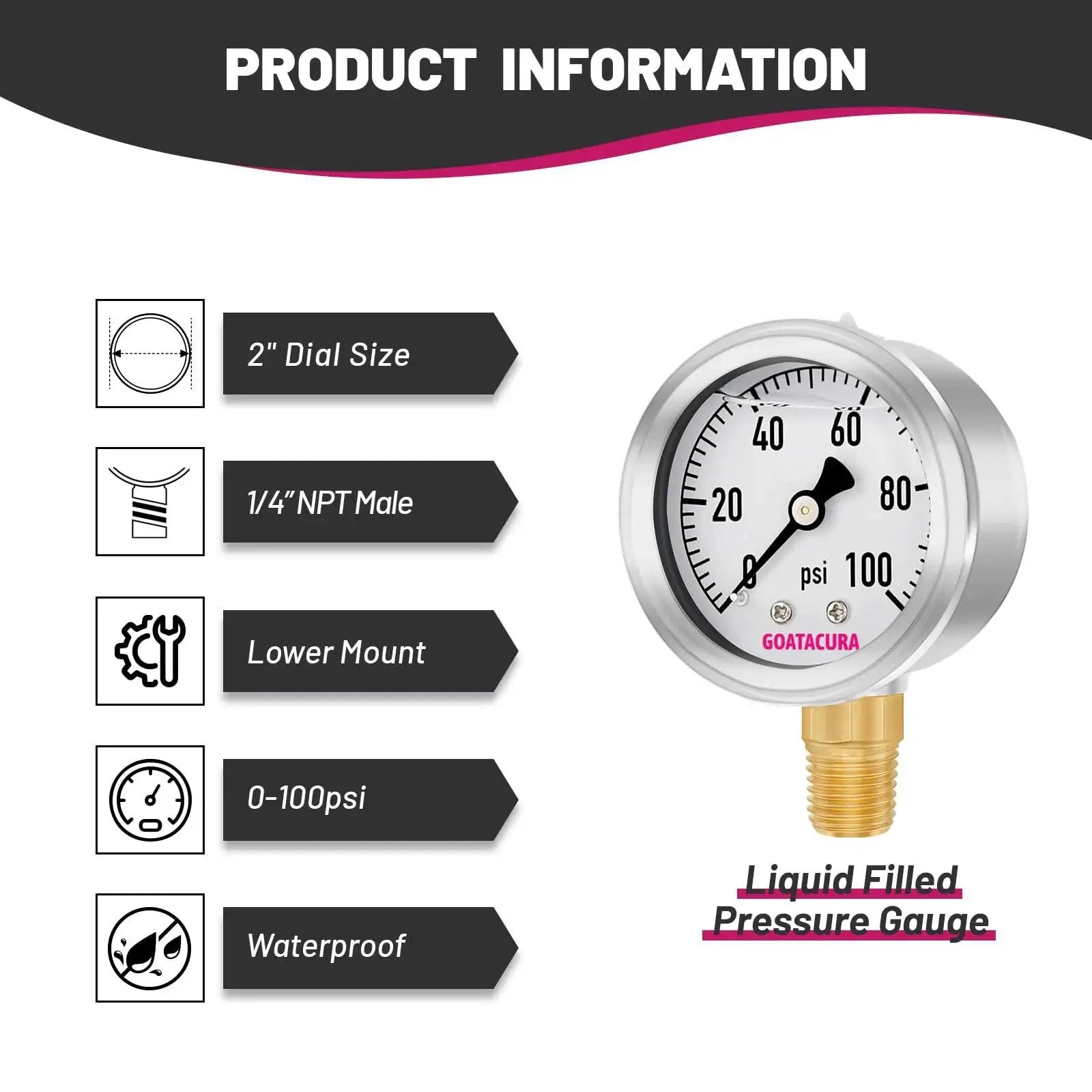 Glycerin Filled Pressure Gauge 0-100 PSI With 2 Inch Dial 304 Stainless Steel Case 1 Quarter Inch NPT Lower Mount High Accuracy