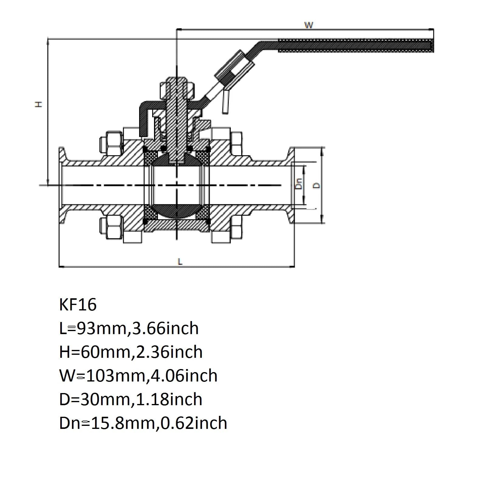 Technical drawing of KF-16 Vacuum Ball Valve Clamp Valve in Stainless Steel 304 with dimensions for Tri Clamp Systems.
