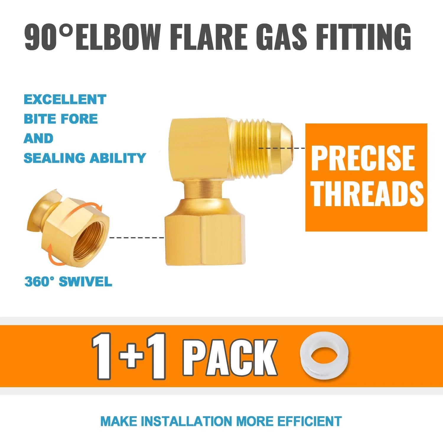 Three Eighth Inch Female Swivel To Three Eighth Inch Male Flare Brass Elbow Fitting Ninety Degree Swivel For Low Pressure Propane Gas Heaters One Pack Includes Sealing Tape, shown with sealing tape insert