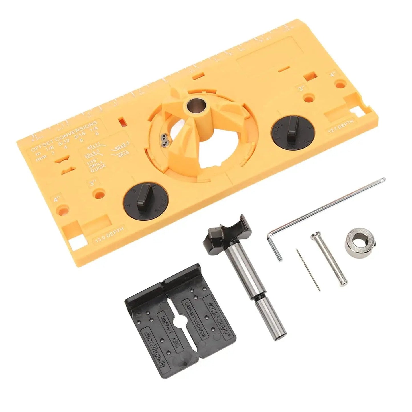 35mm Hinge Boring Jig for Woodworking, Pro Grade Precision Drill Guide Locator With Cutter and One Sixteenth Inch Drill Bit
