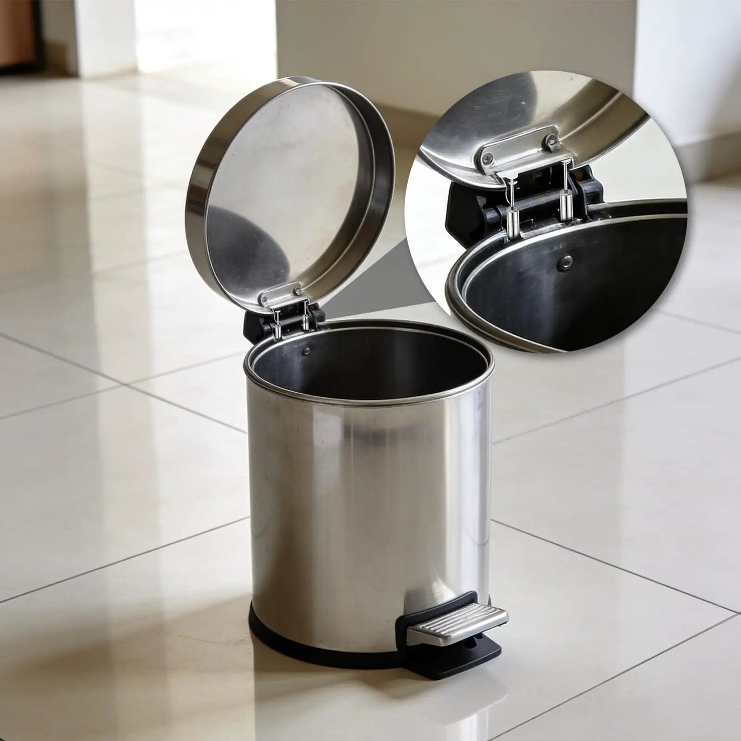 Trash can with focus on Soft Close Damper For Trash Can Lids, 6 Pack Hydraulic Lid Piston With Quiet Close Buffer, nickel-plated iron.