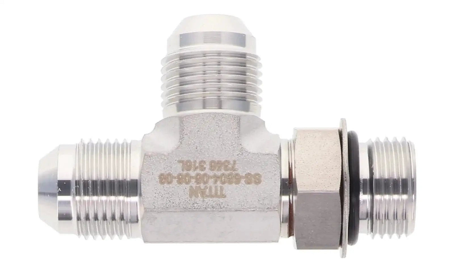 Run Tee Hydraulic Fittings Three Port One Quarter Inch Male JIC One Quarter Inch ORB One Quarter Inch Male JIC front view
