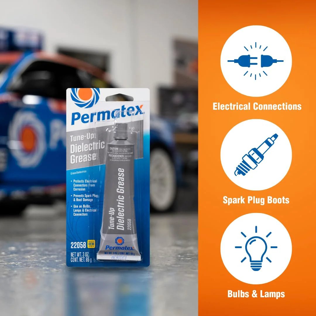 Packaging of Permatex Dielectric Tune Up Grease For Electrical Connections And Wiring 3oz, designed to protect terminals and spark plugs.