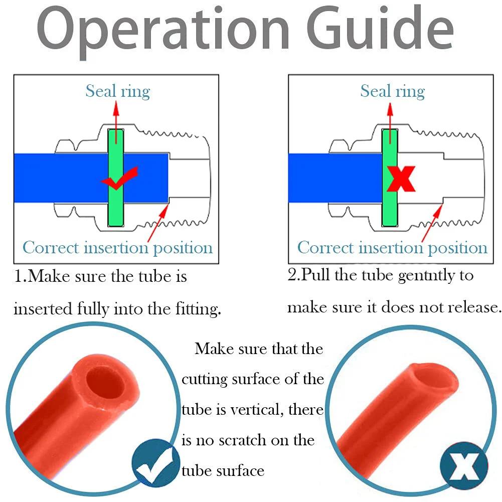 Operation guide for Bulkhead Union Push To Connect Pneumatic Fitting 3/8 Inch Tube OD, 304 Stainless Steel, showing correct insertion technique.