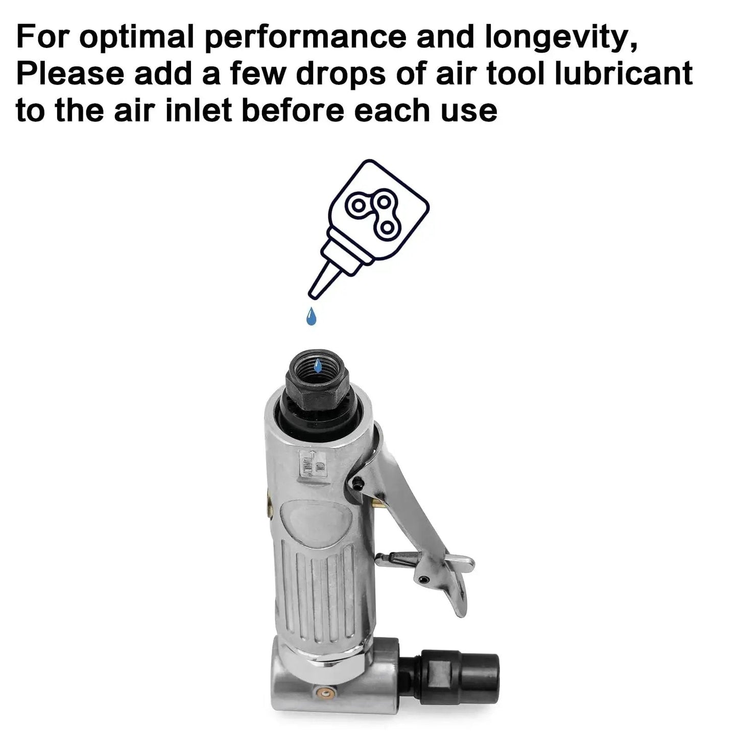 Right Angle Air Die Grinder Kit With Twenty Two Roll Lock Two Inch Sanding Discs And Quarter Inch Pneumatic Die Grinder Tool Mini Angle Grinder For Grinding Polishing Deburring In Tight Spaces Up To 20000 RPM And 90 Degree Head Design shown with air tool lubricant