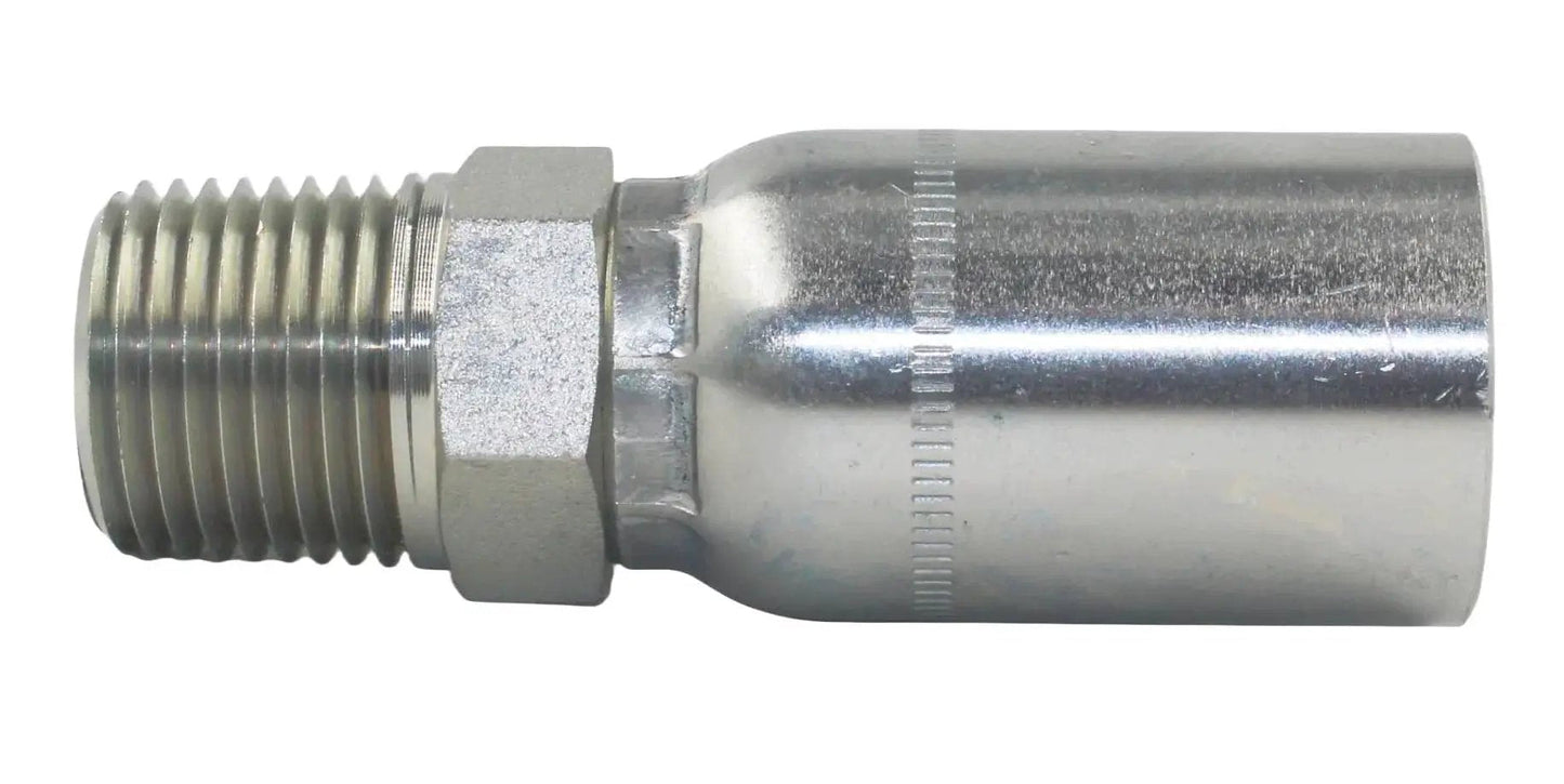 Side view of Ten Pack L-MP-04-04 One Quarter Inch ID Hydraulic Hose End Fittings with 1/4 inch NPT Male Crimp Connection in durable carbon steel