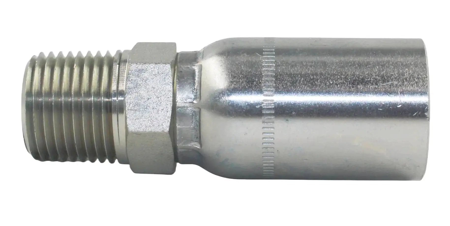 Side view of Ten Pack L-MP-04-04 One Quarter Inch ID Hydraulic Hose End Fittings with 1/4 inch NPT Male Crimp Connection in durable carbon steel