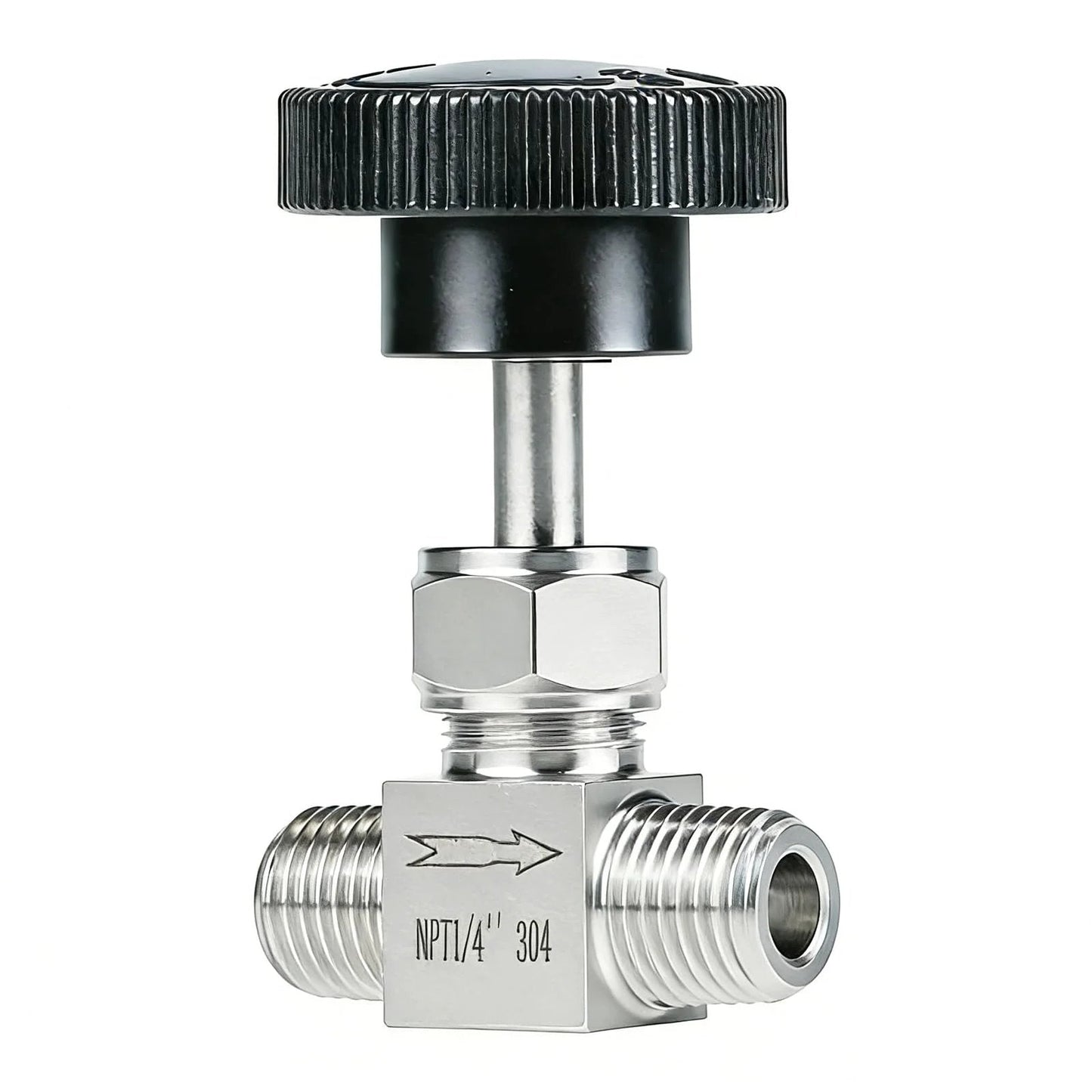Pro Grade Stainless Steel Needle Valve One Quarter Inch NPT Male Straight High Pressure Flow Control For Water Oil Gas Systems 900 PSI 304 Stainless Durable For Industrial And Lab Use, front view