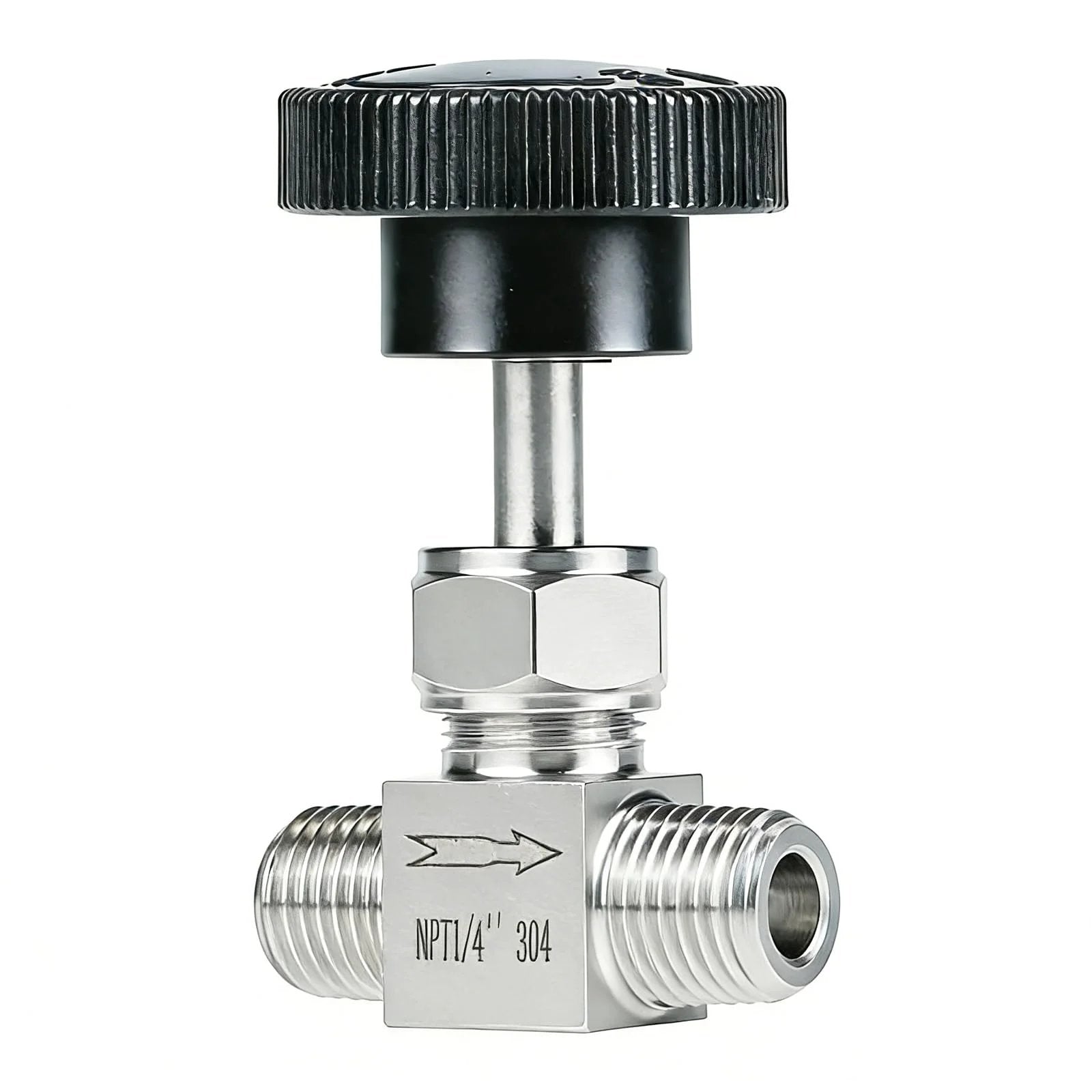 Pro Grade Stainless Steel Needle Valve One Quarter Inch NPT Male Straight High Pressure Flow Control For Water Oil Gas Systems 900 PSI 304 Stainless Durable For Industrial And Lab Use, front view