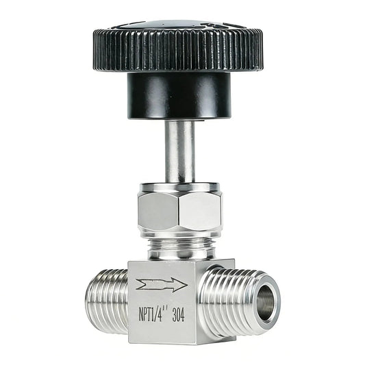 Pro Grade Stainless Steel Needle Valve One Quarter Inch NPT Male Straight High Pressure Flow Control For Water Oil Gas Systems 900 PSI 304 Stainless Durable For Industrial And Lab Use, front view