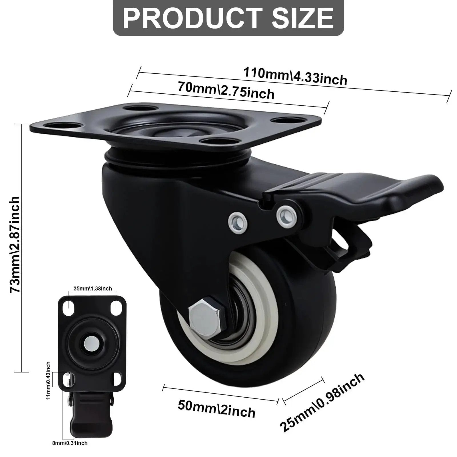 2 Inch Caster Wheels Set Of 16 Heavy Duty Casters With Brakes And Locking Polyurethane Wheels For Furniture And Workbenches 360 Degree Swivel Silent Operation Load Capacity 800 Lbs, showing size dimensions.