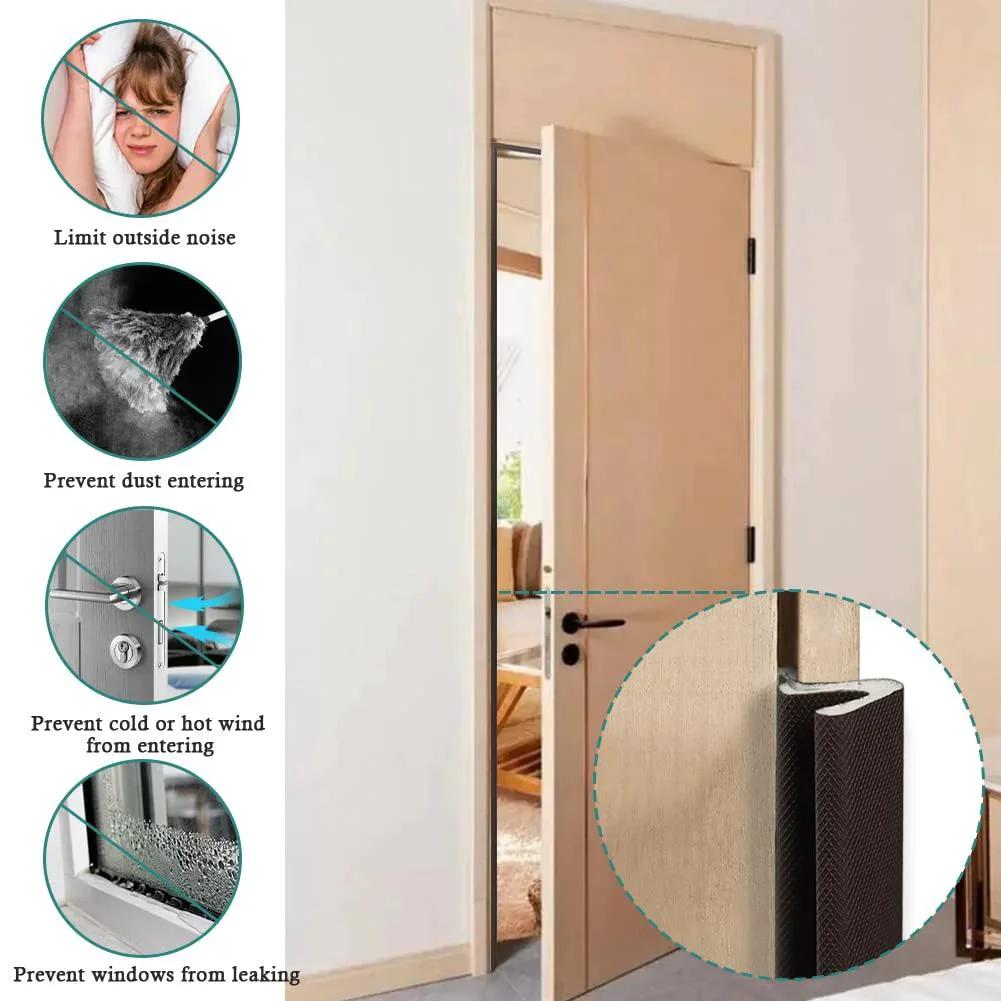 Kerf Door Weather Stripping Seal 26 Ft Foam Weatherstrip With Slot Card Slot Installation Brown Easy Cut To Size Durable PU Foam Door Seal for drafts and noise reduction shown installed on door, sealing edges.