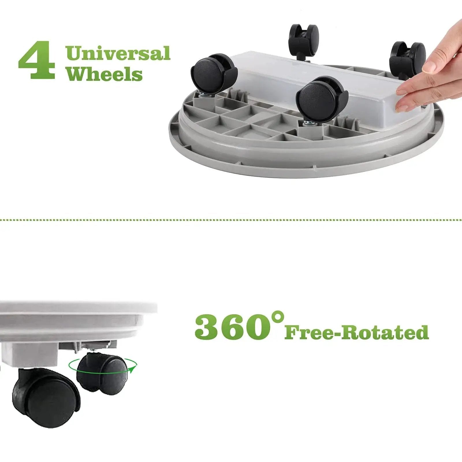Close-up of a rolling plant caddy with drainage tray showing 360-degree caster wheels, part of a set of 3 for heavy duty planters.