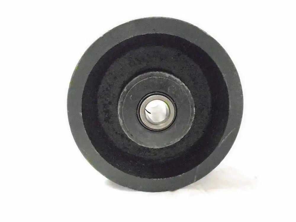 Front view of Heavy Duty 4X2 Inch V Groove Iron Steel Caster Wheel Set With Seven Eighths Inch Roller Bearing 600 Lbs Capacity Each Black Finish