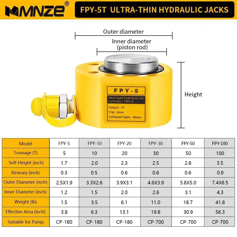5 Ton Hydraulic Cylinder Jack 6mm Stroke Portable Porta Power Single Acting, side view with specifications chart.