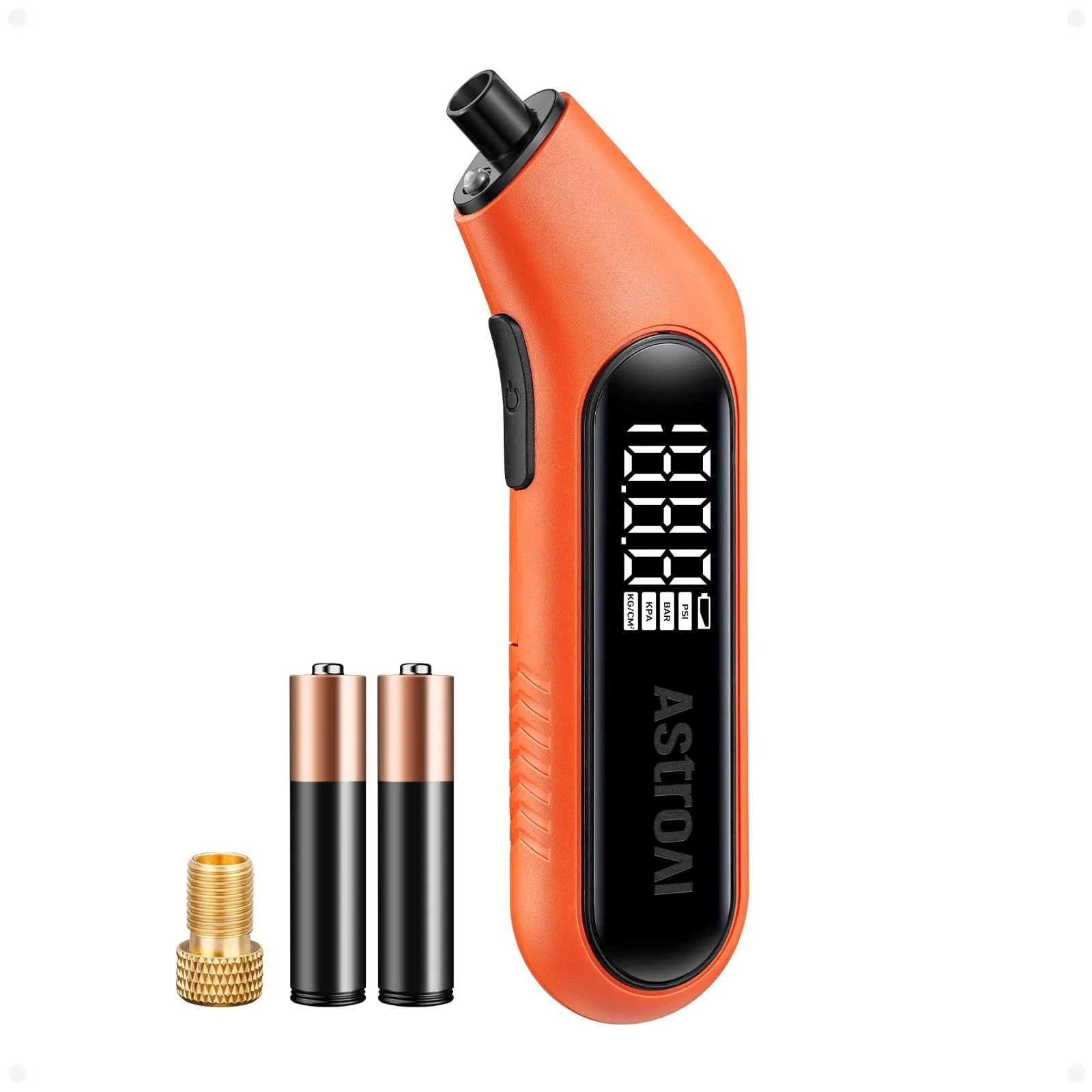 Digital Tire Pressure Gauge 3-300 PSI With Backlit Display And Flashlight, Pro Grade ANSI B40.7 Grade 2A 0.5% Accuracy, 4 Units, Presta Valve Adaptor Included, Works With Cars Trucks Motorcycles And Bikes, Orange AstroAI showing backlit display, batteries, and Presta adapter.