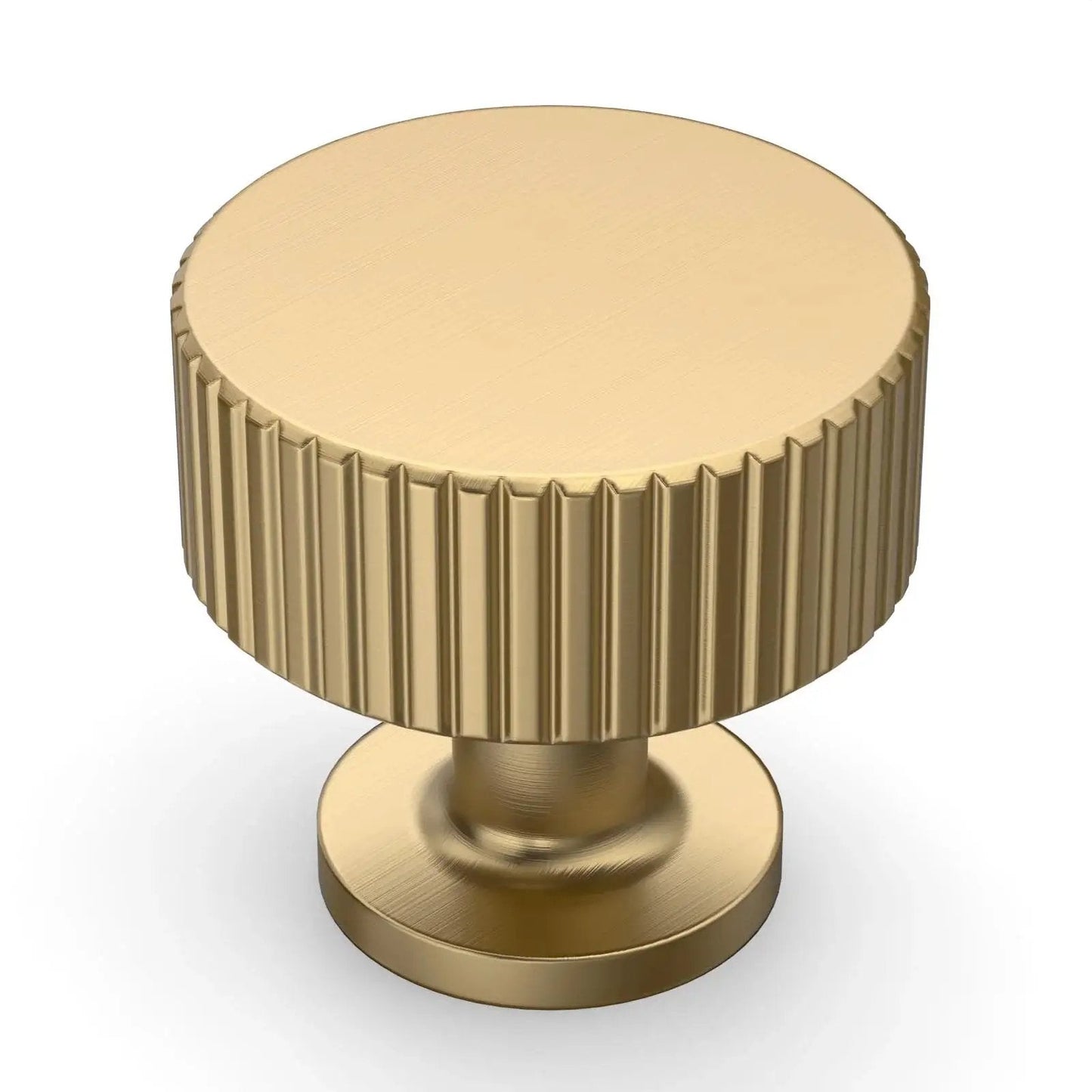 Close-up of Champagne Bronze Cabinet Knobs 10 Pack Single Hole 1 Inch Drawer Pulls for Kitchen and Bathroom Cabinets, ribbed design.