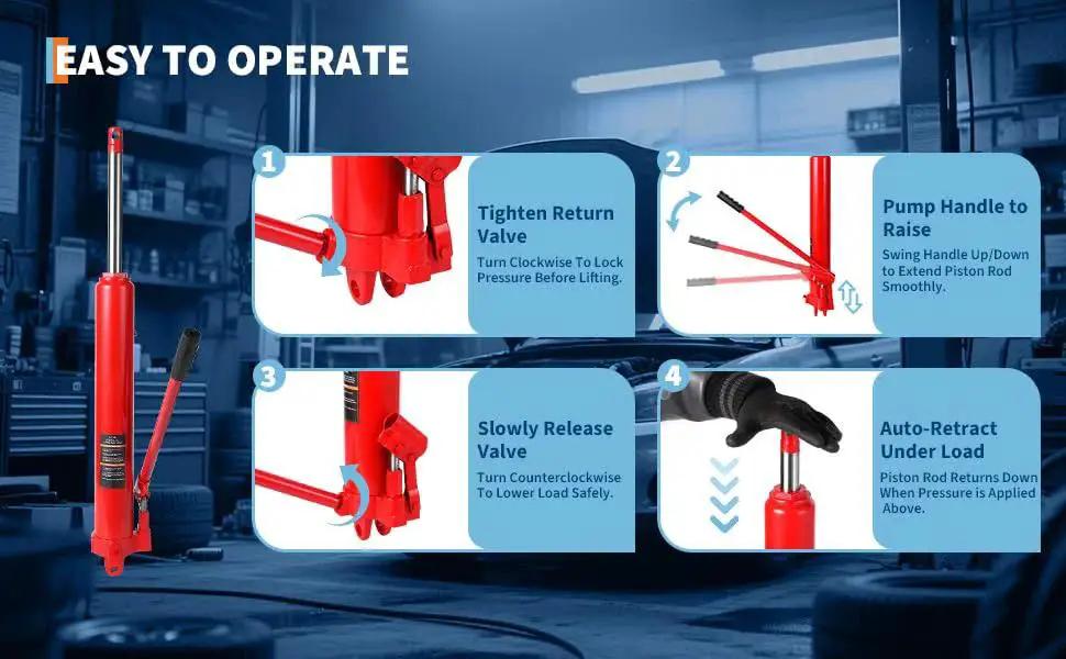 Instructions for using 8 Ton Long Ram Hydraulic Jack With Clevis Base And Air Pump For Engine Hoists, showing steps and details.