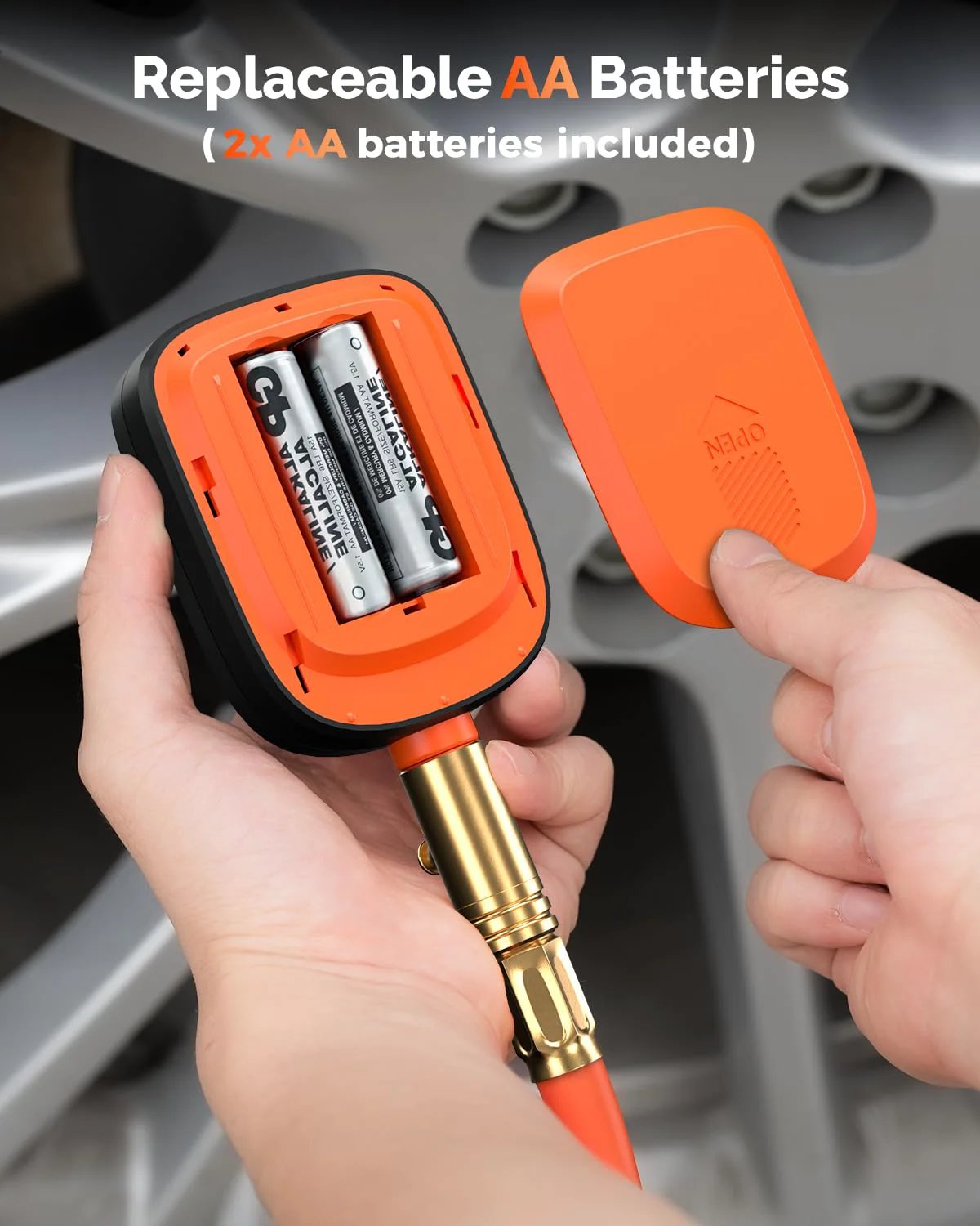 Close-up of Digital Tire Pressure Gauge With Rubber Hose And Replaceable AA Batteries Delivers 0 To 250 PSI Readings ANSI B40 7 2A High Precision Plus Minus 1 Percent Pro Grade Accuracy For Cars Trucks SUVs And Bicycles showing battery compartment with two AA batteries.