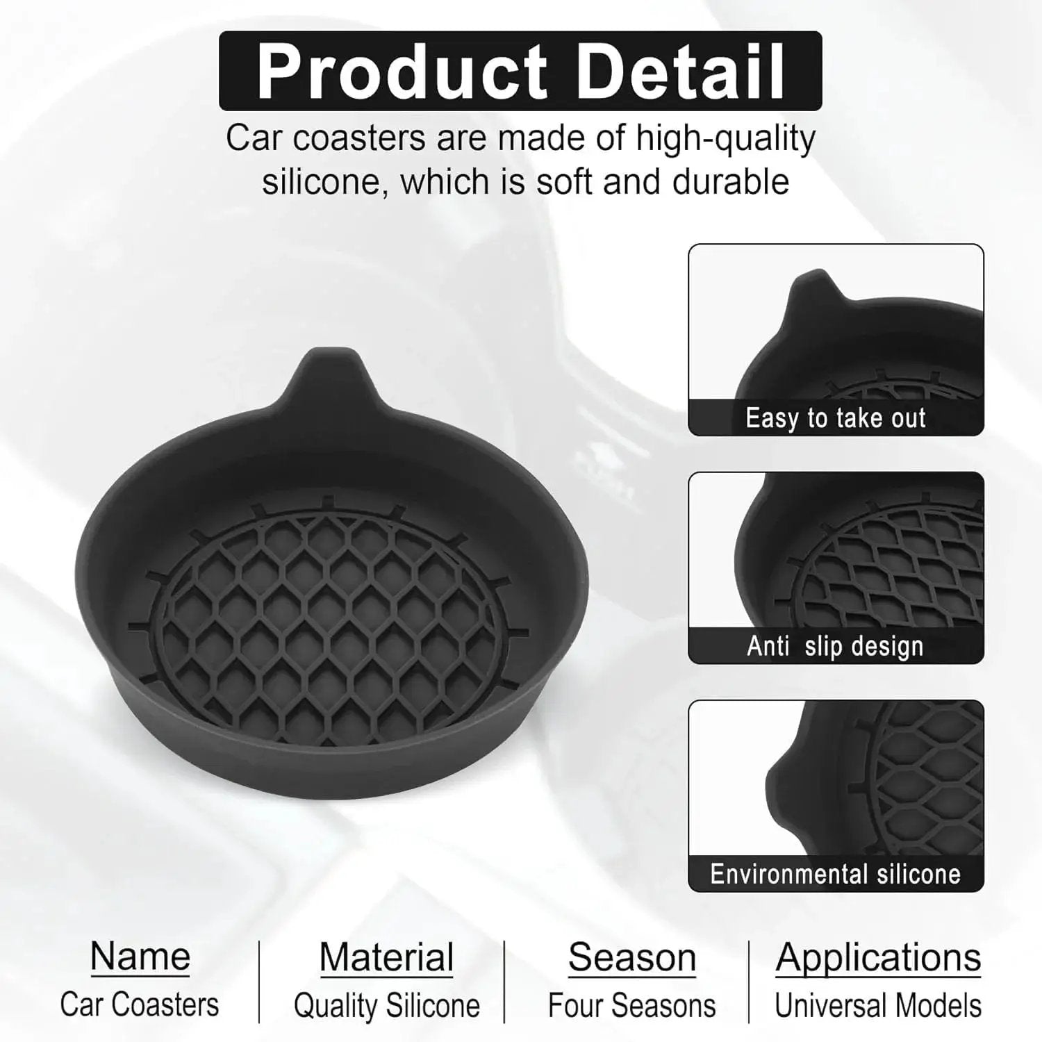 Silicone Car Cup Holder Coasters Set Of Four Universal Non Slip Inserts with details on material and design features.