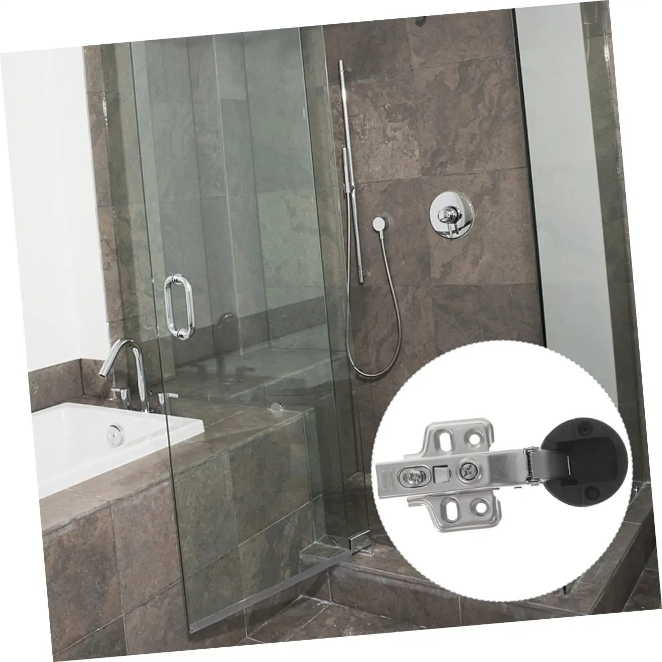 Shower scene with the Hydraulic Glass Door Hinges 4 Pack For Frameless Cabinets And Cupboards With Soft Close Damping Silver Finish Durable Cold Rolled Steel Construction Smooth Quiet Close For Glass Cabinet Doors Easy Clip Mount highlighted.