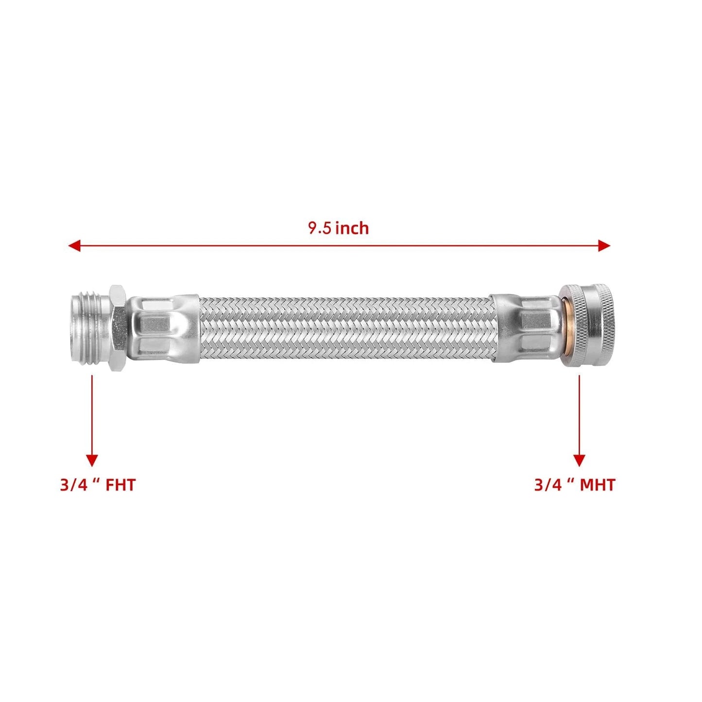 Heavy Duty Stainless Steel Braided Garden Hose Extension With 45 Degree Bend, 9.5 Inch Length, side view