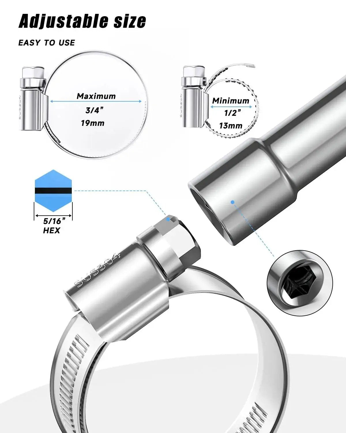 Image showing adjustable Heavy Duty 120Pc Hose Clamp Set With 304 Stainless Steel Worm Gear Drive Clamps, universal 5/16 to 2 inch range.