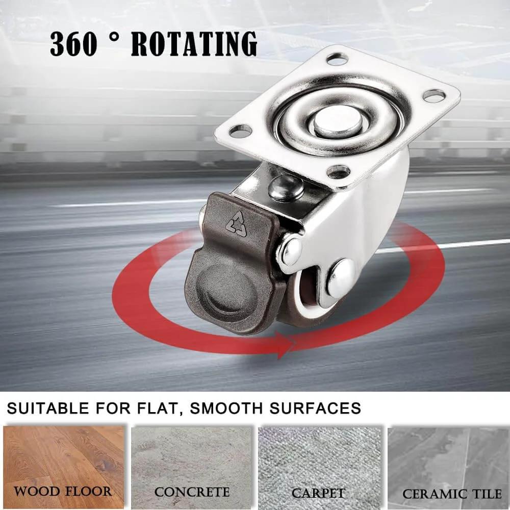 Close-up of Small Caster Wheels 1" - Low Profile Swivel Casters Set of 4, Quiet Rolling Rubber Plate Wheels for Small Furniture.